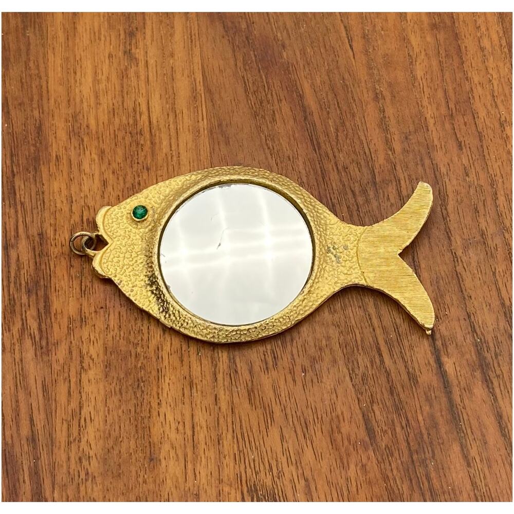 Vintage Fish Mirror Pendant Gold Tone Large Whimsical Green Eye Nautical